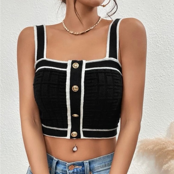 Contrast Trim Button Detail Crop Knit Top XS NEW - Picture 4 of 10